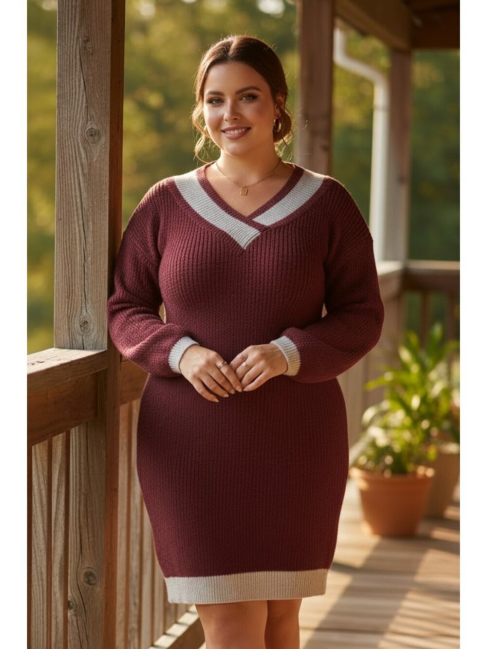 Contrast Varsity Stripe V-Neck Knee Length Knit Mini Plus Size Sweater Dress